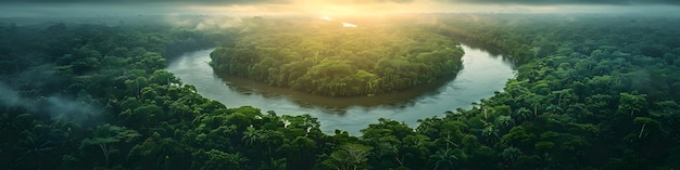 Photo panorama of the amazon river winding through verdant rainforest