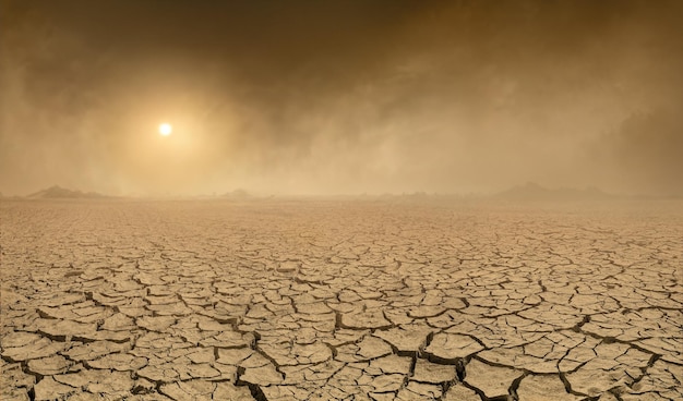 Panorama of arid barren land with cracked soil and sun barely visible through the approaching sand storm Ecology problems concept