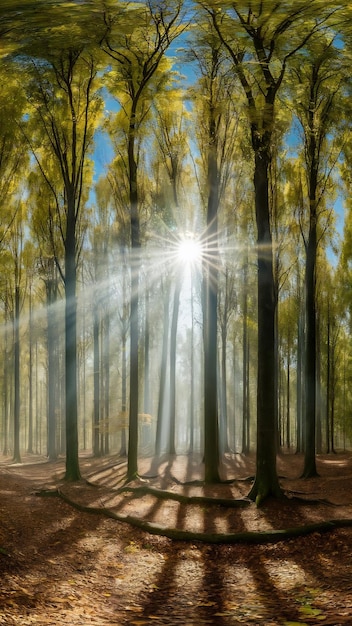 Photo panorama of an autumnal forest with bright sunlight shining through the trees