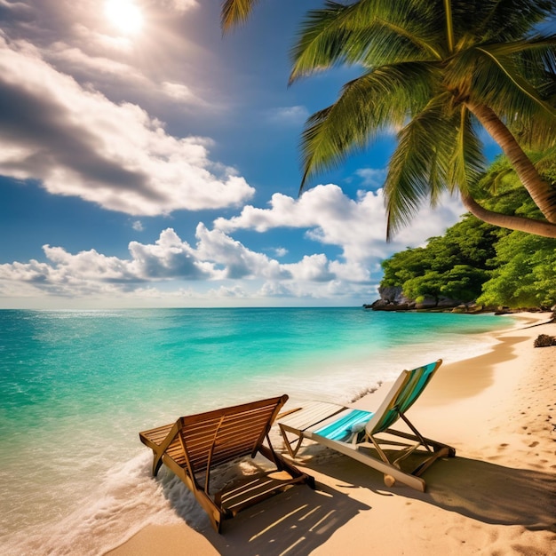 Panorama banner of idyllic tropical beach with palm tree