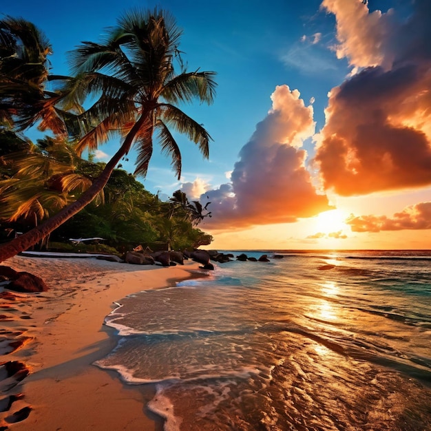 Panorama banner of idyllic tropical beach with palm tree