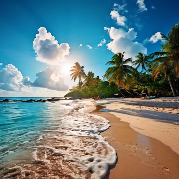 Panorama banner of idyllic tropical beach with palm tree