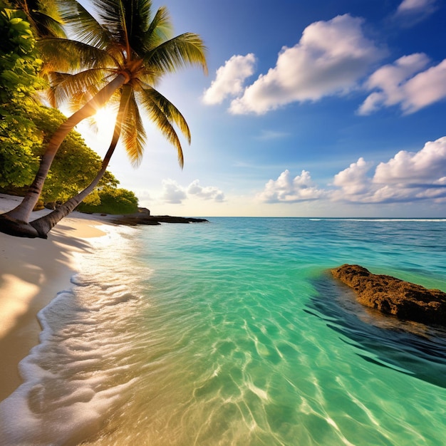 Panorama banner of idyllic tropical beach with palm tree