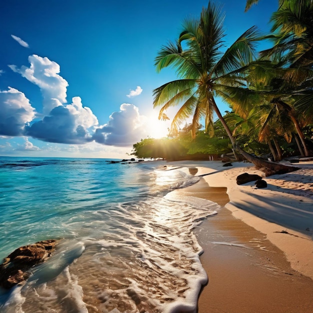 Panorama banner of idyllic tropical beach with palm tree