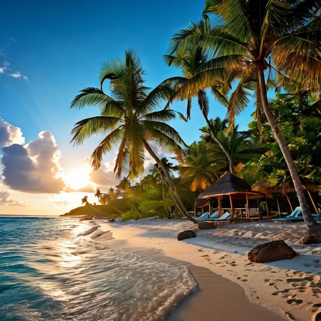 Panorama banner of idyllic tropical beach with palm tree