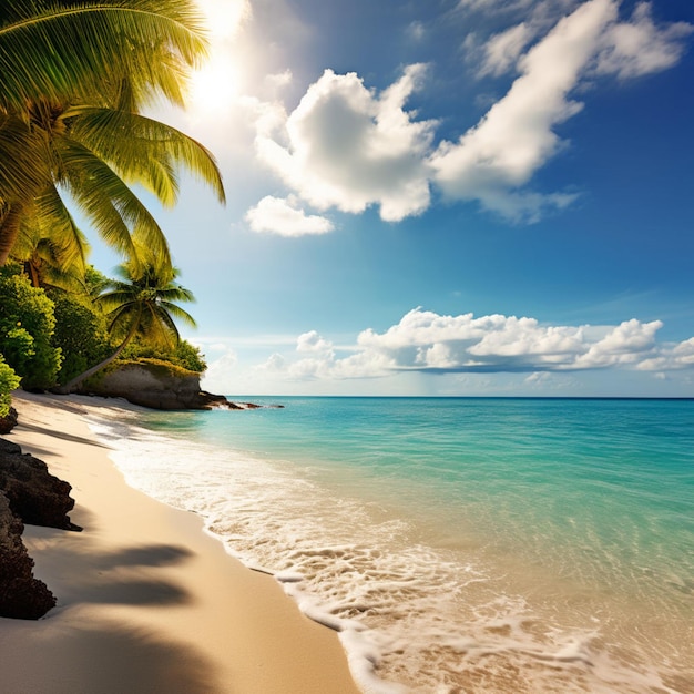 Panorama banner of idyllic tropical beach with palm tree