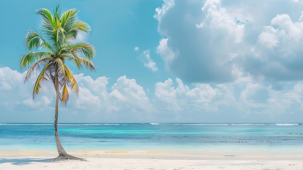 Panorama banner photo of idyllic tropical beach with palm tree Generative AI