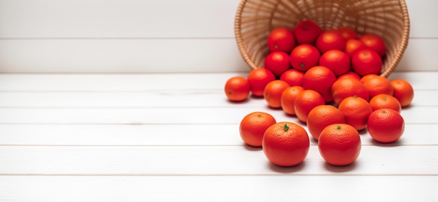 Panorama banner photo of tangerines in a wicker basket on rustic white planks background Generative AI