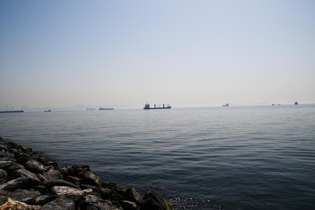 Panorama of the bay and large ships Bright sunny day