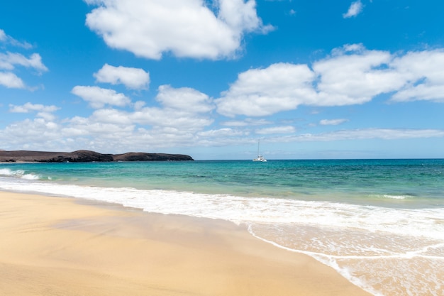 Panorama of beautiful beach and tropical sea of Lanzarote