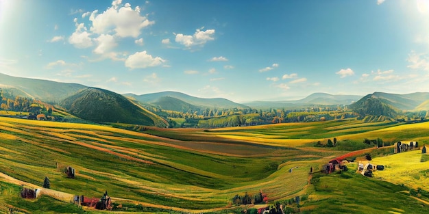 Panorama of beautiful countryside of romania. sunny afternoon. wonderful springtime landscape in mou