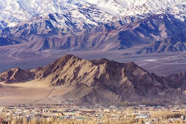 Panorama of the beautiful mountains that surround Leh at sunlight - Ladakh, Jammu and Kashmir, India.