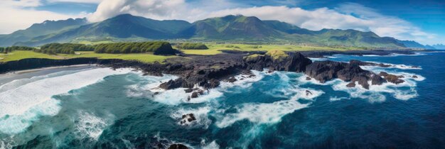 Panorama of black volcanic beach Aerial view and top view Beautiful natural backdrop