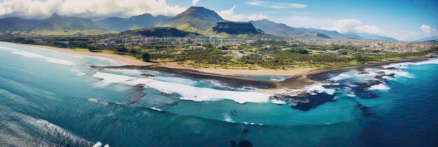 Panorama of black volcanic beach Aerial view and top view Beautiful natural backdrop