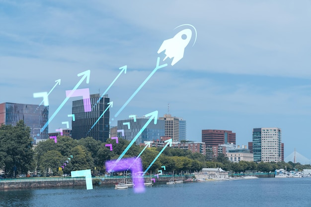 Panorama Boston city view skyline and Massachusetts Institute of Technology campus at day time Startup company launch project to seek develop and validate scalable business model hologram sketch