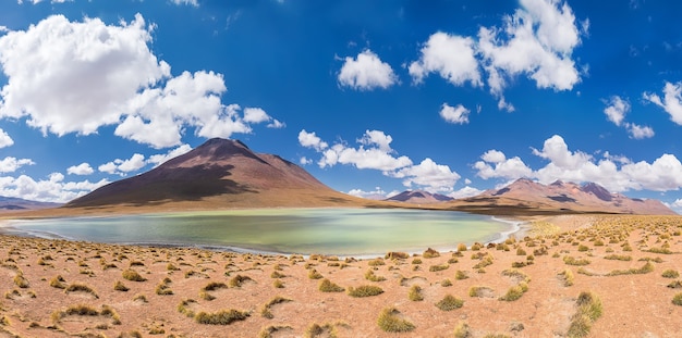 Panorama of Canapa lagoon with the volcanoes of Bolivia with stunning clouds and Andes grass