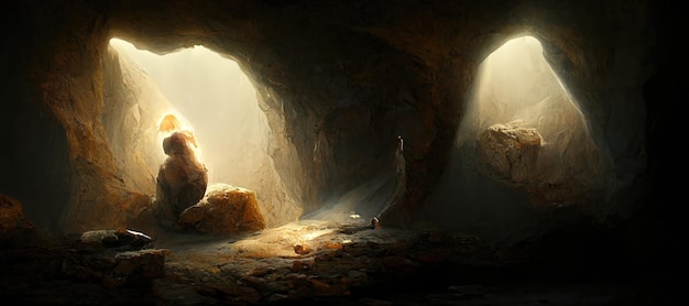 Panorama of a cave hidden inside a mountain sunlight breaks through holes in the wall 3d illustration