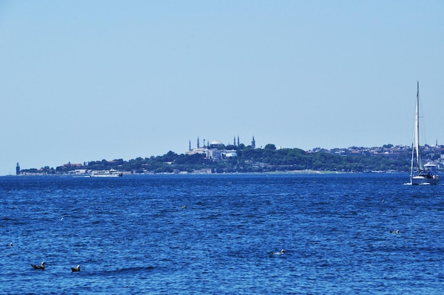 Panorama of the city from the Bosphorus. City view on a clear sunny summer day.