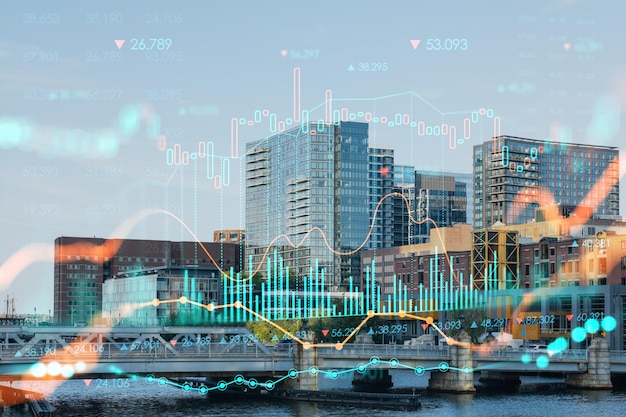 Panorama city view of Boston Harbor at day time Massachusetts Building exteriors of financial downtown Glowing FOREX graph hologram The concept of international trading and fundamental analysis