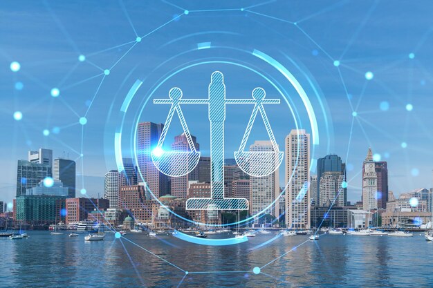 Panorama city view of Boston Harbor at day time Massachusetts Buildings of financial downtown Glowing hologram legal icons The concept of law order regulations and digital justice