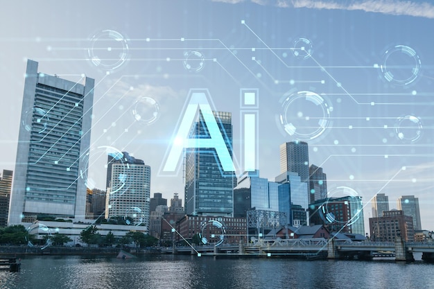 Panorama city view of Boston Harbor at day time Massachusetts Financial downtown Hologram of Artificial Intelligence concept AI and business machine learning neural network robotics