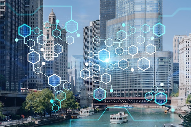 Panorama cityscape of Chicago downtown and Riverwalk boardwalk with bridges at day time Chicago Illinois USA Decentralized economy Blockchain cryptography and cryptocurrency concept hologram