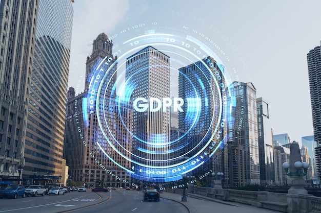 Panorama cityscape of Chicago downtown and Riverwalk boardwalk with bridges at day time Illinois USA GDPR hologram concept of data protection regulation and privacy for individuals