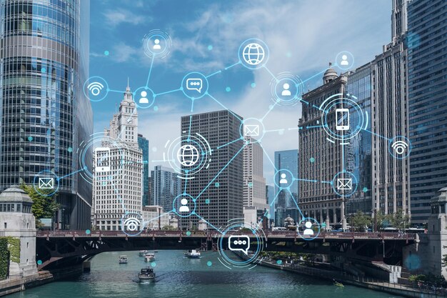 Panorama cityscape of Chicago downtown and Riverwalk boardwalk with bridges at day time Illinois USA Social media hologram Concept of networking and establishing new people connections