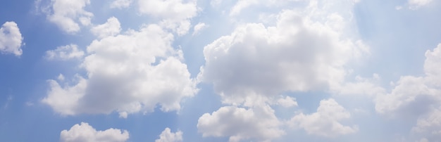 Panorama of clear blue sky with white clouds.