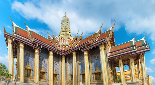 Panorama of complex of Temple of Emerald Buddha view to ornate Royal Pantheon Grand Palace Bangkok Thailand