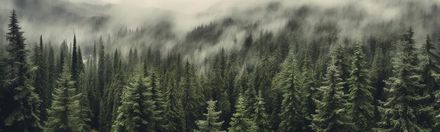 panorama of a coniferous forest in the mist of tree tops generative ai