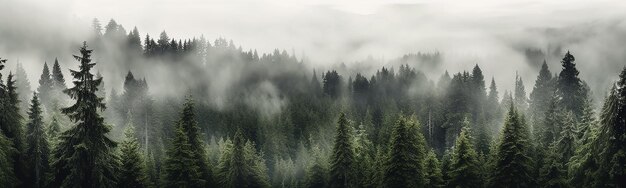 panorama of a coniferous forest in the mist of tree tops