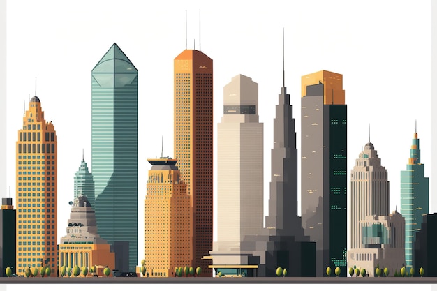 Panorama of contemporary city office towers Banner with a cityscape border and glass skyscraper and office tower tops Cityscape of the downtown area flat image set on a white backdrop