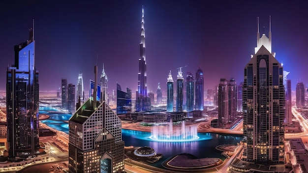 Panorama of down town dubai modern city at night