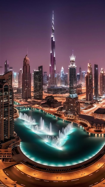 Panorama of down town dubai modern city at night