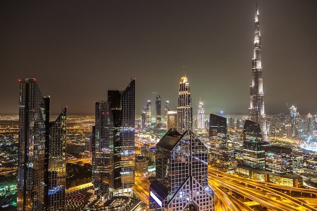 Panorama of downtown Dubai at night, United Arab Emirates