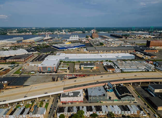 Panorama of downtown suburban area and aerial view with of roads in a leaving port on a river the Delaware with Philadelphia, Pennsylvania, USA