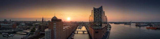 Panorama of the Elbphilharmony Hafencity and Speicherstadt in Hamburg at sunrise