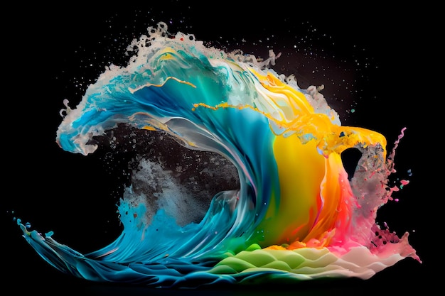 Panorama Exploding liquid paint in rainbow colors with splashes Generative ai