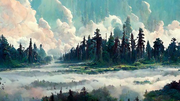 Panorama of foggy forest in a misty day 3D illustration