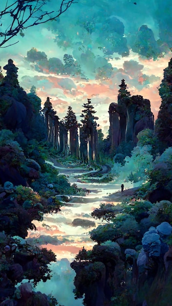 Panorama of the forest at dusk stone road 3D illustration