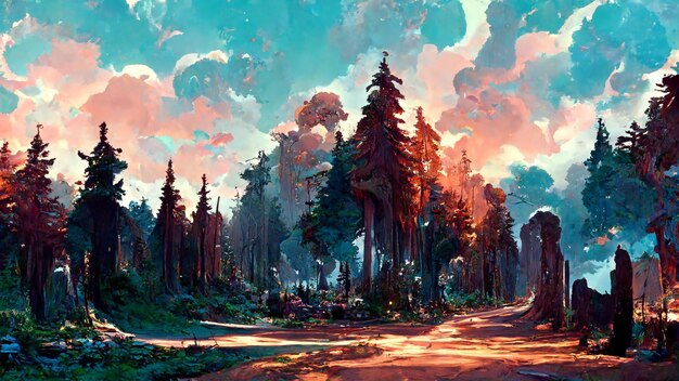 Panorama of the forest at dusk stone road 3D illustration