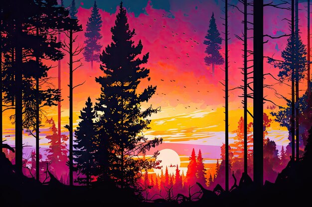 Panorama of forest with sunset showing vibrant colors in the sky and on the trees