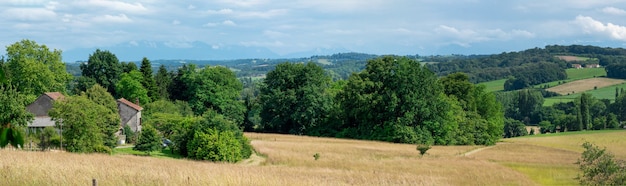 Panorama of French countryside, Pyrenees mountains