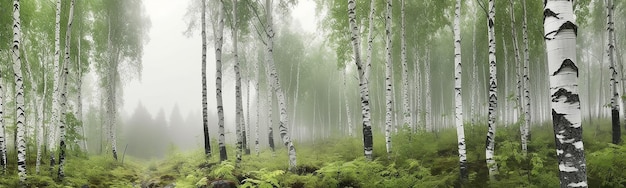 panorama of a green birch forest in the fog long frame