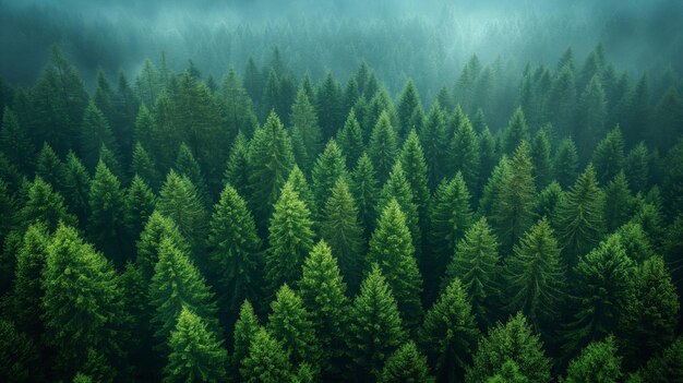 Panorama of green forest landscape with trees trunks white fog at the treetops