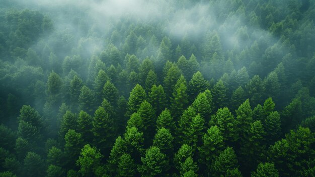 Panorama of green forest landscape with trees trunks white fog at the treetops