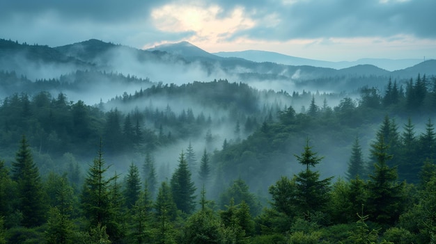 Panorama of green forest landscape with trees trunks white fog at the treetops