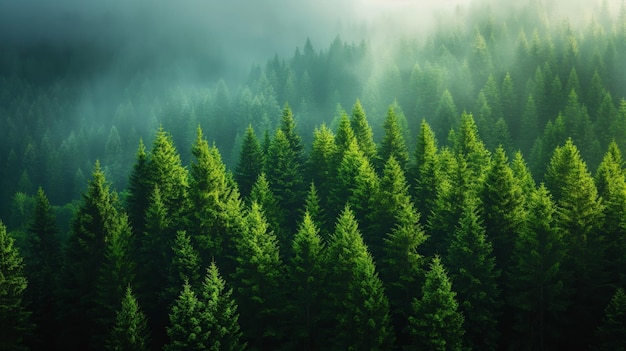 Panorama of green forest landscape with trees trunks white fog at the treetops