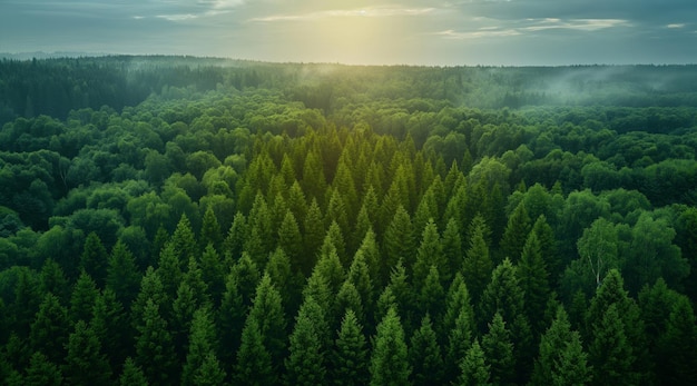 Panorama of green forest landscape with trees trunks